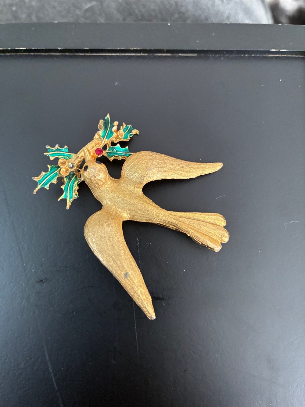 Gold-tone Bird Brooch with Green Enamel Holly and Red Accent